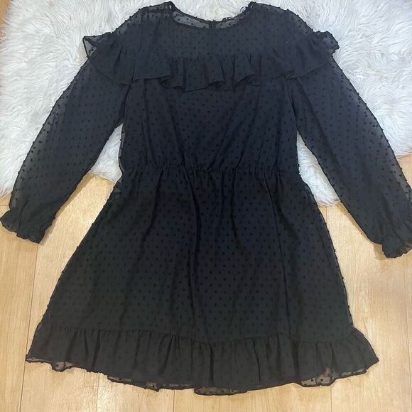 Zara Black Dotted Mesh Dress with Ruffles | XS - Picture 1 of 14